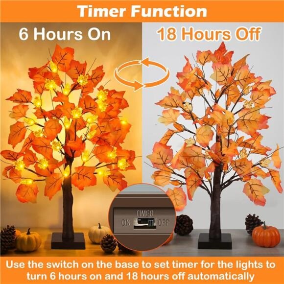 2 Pack 24 Inch Fall Maple Tree Decorations Pre Lit LED Battery Operated Autumn D - Picture 3 of 7
